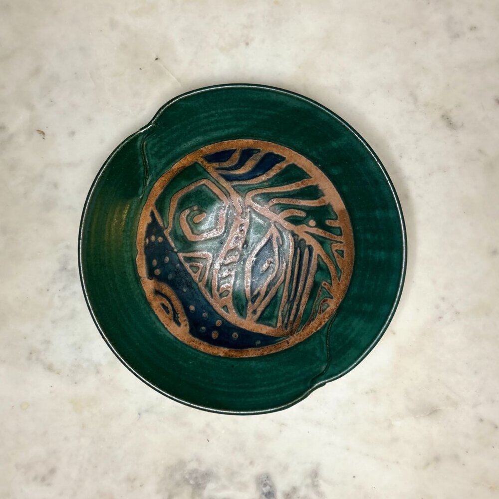 Jordan Studio Pottery Bowl Plate Art Ceramic in Luster Green + Tan 11.5" x 3'